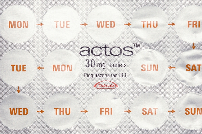 Actos, a drug for diabetes mellitus  Date and time of photographing unknown  Pioglitazone diabetes tablets in a blister pack. Pioglitazone, which is marketed under the name Actos, belongs to a group of drugs known as thiazolidinediones that are used to treat type II diabetes. Pioglitazone controls blood sugar levels by reducing the production and secretion of glucose by the liver and increasing the body s sensitivity to insulin, the hormone that regulates blood glucose levels. It requires that some insulin is produced by the pancreas and so cannot be used to treat type I diabetes.