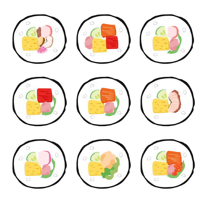 Set of cross-sectional illustrations of sushi rolls with various ingredients