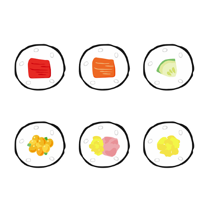 Cross-sectional illustration set of thin sushi rolls with various ingredients