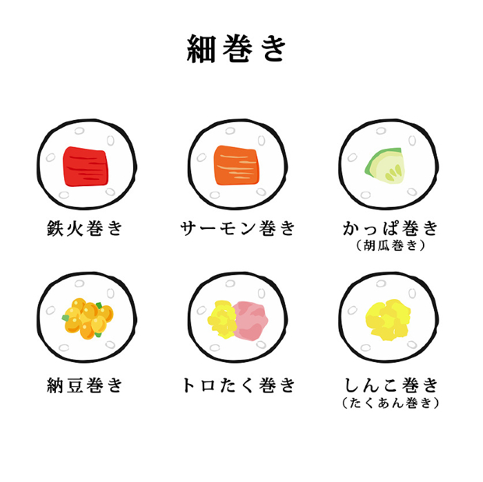 Cross-sectional illustration set of thin sushi rolls with various ingredients (with product name text)