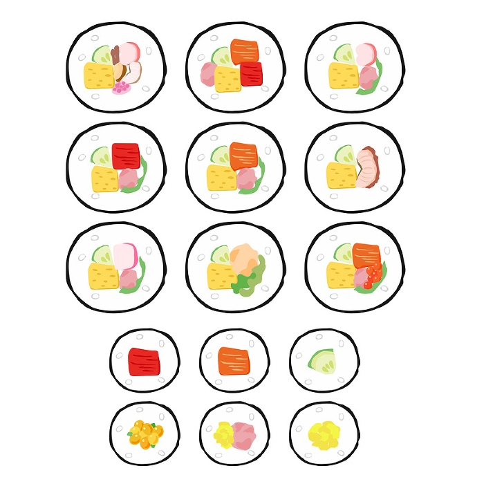 Set of cross-sectional illustrations of sushi rolls and thin rolls with various ingredients