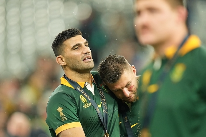 2023 Rugby World Cup South Africa s Damian de Allende  L  and Handre Pollard celebrate after the 2023 Rugby World Cup Final match between New Zealand and South Africa at the Stade de France in Saint Denis, France on October 28, 2023.  Photo by FAR EAST PRESS AFLO 