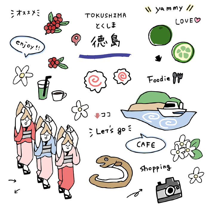 Hand-drawn icon set of Tokushima