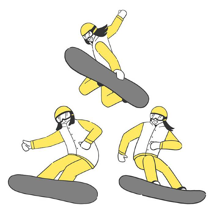 Clip art set of woman who skates & jumps on snowboard
