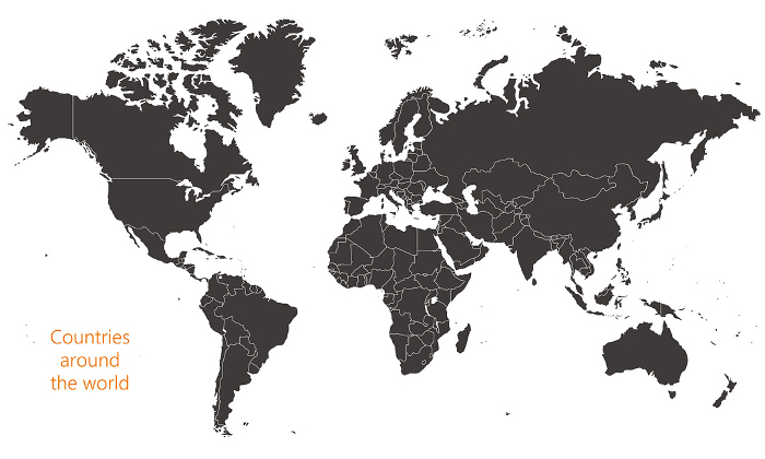 World map with borders, Atlantic Ocean, B&W