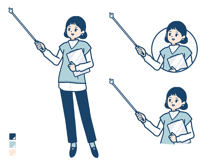 Illustration of a knit vest woman explaining with an instruction stick.