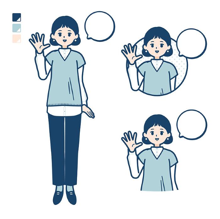 Illustration of a woman in knit vest saying hello