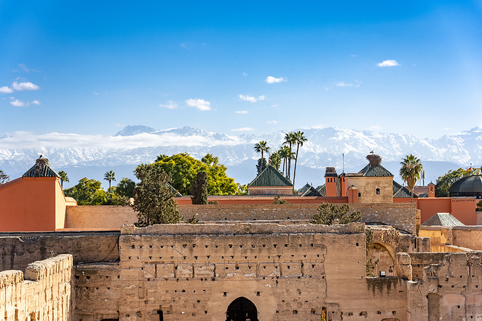 Marokko Morocco, Marrakesh Safi, Marrakesh, Walls of El Badi Palace with mountains in background