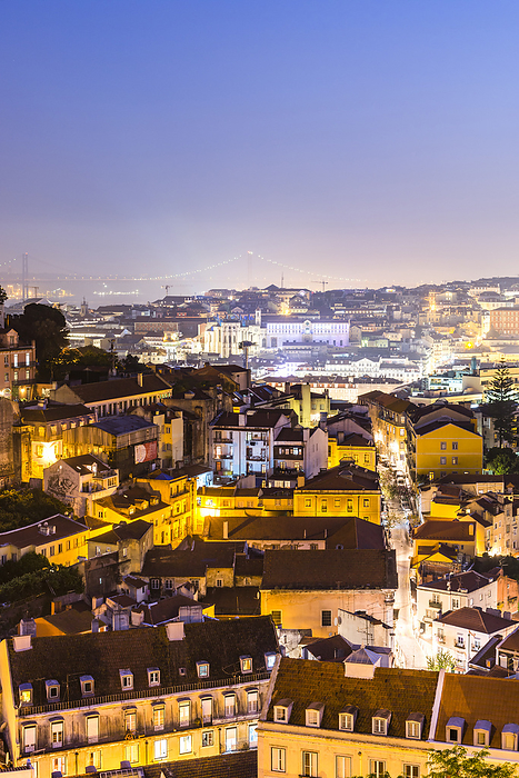 Lisbon, Portugal Portugal, Lisbon District, Lisbon, Long exposure of various residential buildings at dusk