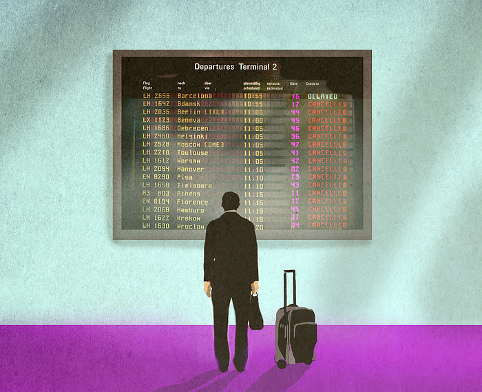 Illustration of man looking at arrival departure board full of cancelled flights