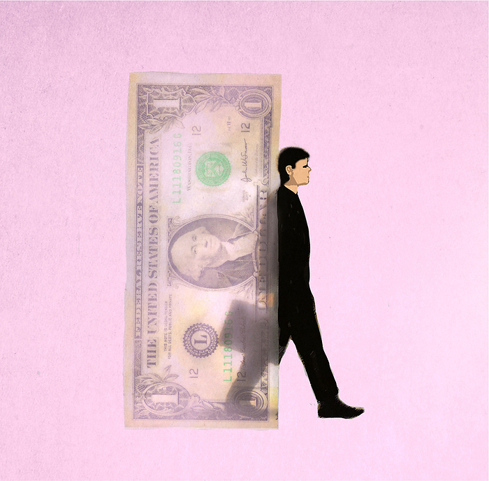 Illustration of businessman walking behind oversized one dollar bill