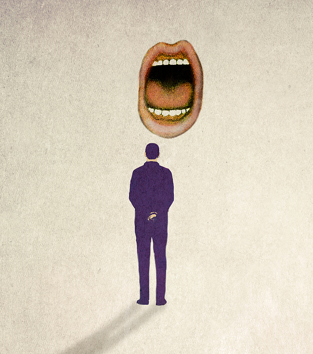 Illustration of oversized mouth scolding man