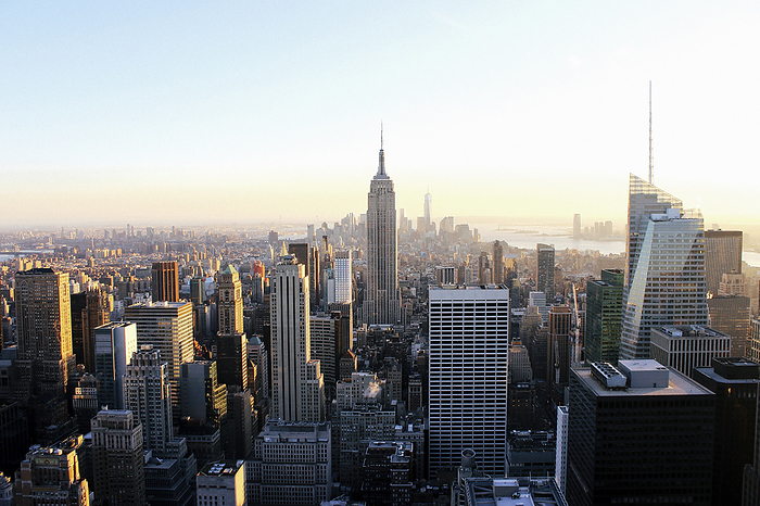 Manhattan cityscape USA, New York State, New York City, Midtown Manhattan at sunset