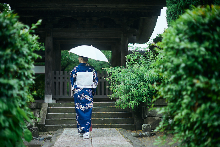 Japanese woman in kimono with umbrella going to temple