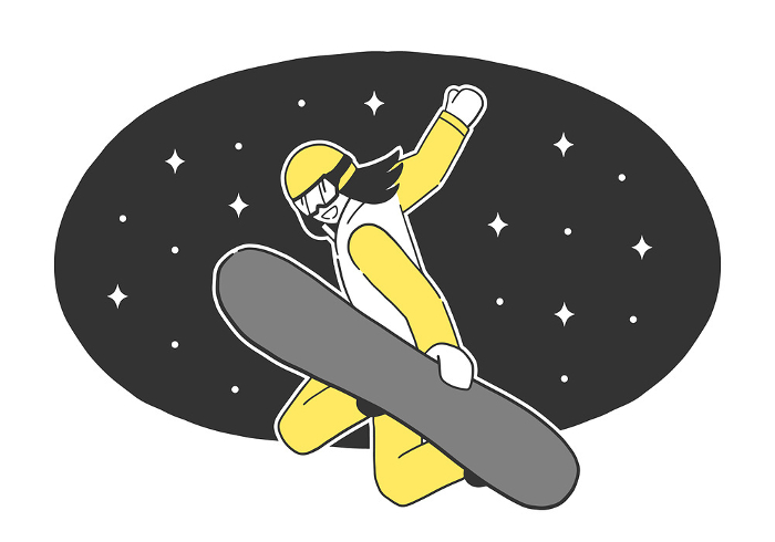 Clip art of woman who jumps on snowboard at nighttime.