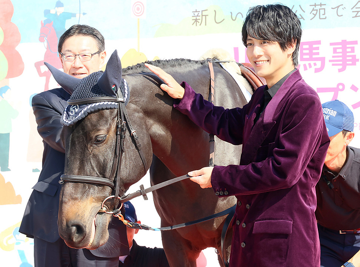 Japanese actor Junpei Mizohata attends the opening ceremony of the Bajikoen November 3, 2023, Tokyo, Japan   Japanese actor Junpei Mizohata poses for photo with a horse as he attends the opening ceremony after renovation of the Bajikoen  equstrian park  in Tokyo on Friday, November 3, 2023. Japan Racing Association s  JRA  Bajikoen park was closed from 2016 for the Tokyo 2020 Olympic Games and reopened on November 3, 2023.    photo by Yoshio Tsunoda AFLO 