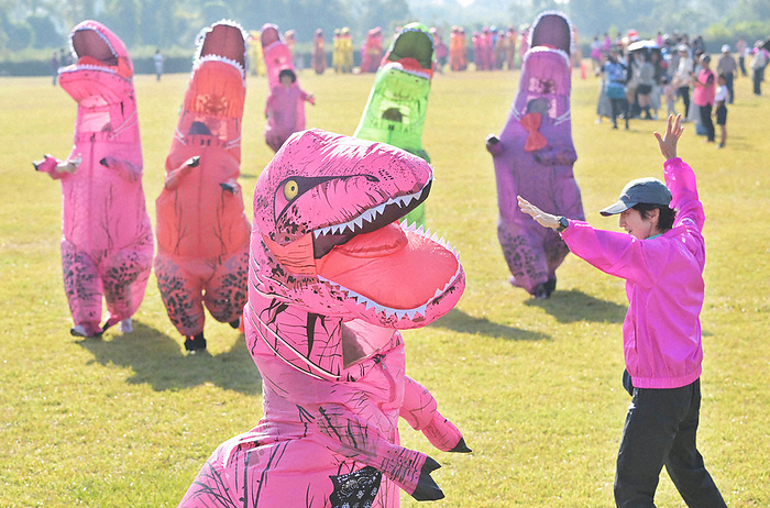 Tyrannosaurus Race Dinosaurs  running on the lawn in the  Tyrannosaurus Race  in costumes at 9:40 a.m. on November 3, 2023 in Kyoto City s Nishikyo Ward.