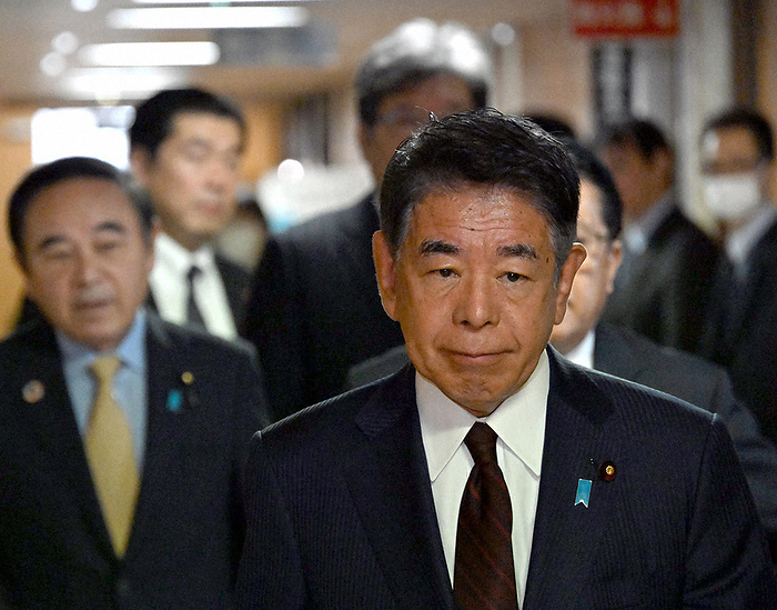 Hirofumi Shimomura at a special LDP general assembly meeting. Hirofumi Shimomura addresses a special LDP general assembly meeting at the party s headquarters in Chiyoda ku, Tokyo, Japan, at 10:58 a.m. on November 2, 2023.