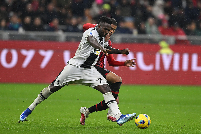 Soccer: Serie A  2023 2024   :   Milan 0 1 Udinese Isaac Success  Udinese Malick Thiaw  Milan                                      during the Italian  Serie A  match between Milan 0 1 Udinese at  Giuseppe Meazza Stadium on November 4 , 2023 in Milano, Italy.  Photo by Maurizio Borsari AFLO  