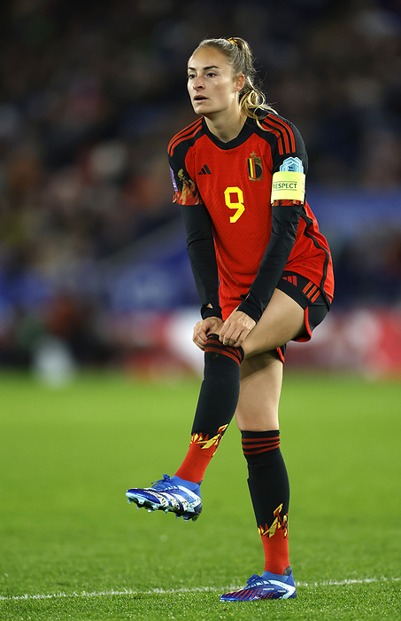 England v Belgium   UEFA Women s Nations League Tessa Wullaert of Belgium adjusts her socks during the UEFA Womens Nations League match between England and Belgium at The King Power Stadium on October 27, 2023 in Leicester, United Kingdom.   WARNING  This Photograph May Only Be Used For Newspaper And Or Magazine Editorial Purposes. May Not Be Used For Publications Involving 1 player, 1 Club Or 1 Competition Without Written Authorisation From Football DataCo Ltd. For Any Queries, Please Contact Football DataCo Ltd on  44  0  207 864 9121