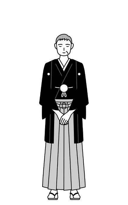 Senior men in montsuki hakama bowing with folded hands, at a New Year's hatsumode or wedding ceremony.