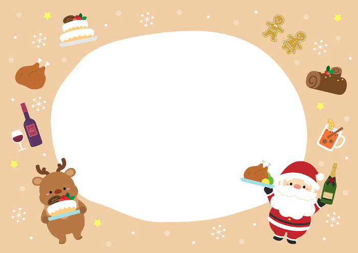 Frame with Santa and reindeer and Christmas eating food studded, color background beige