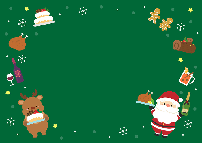 Frame with Santa and reindeer and Christmas eating food studded, color background green