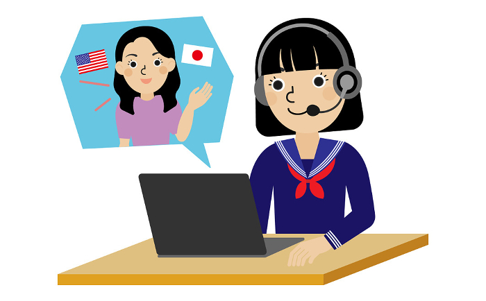 Japanese junior and senior high school girls in sailor-fuku speaking English with bilingual Japanese-English teachers online.