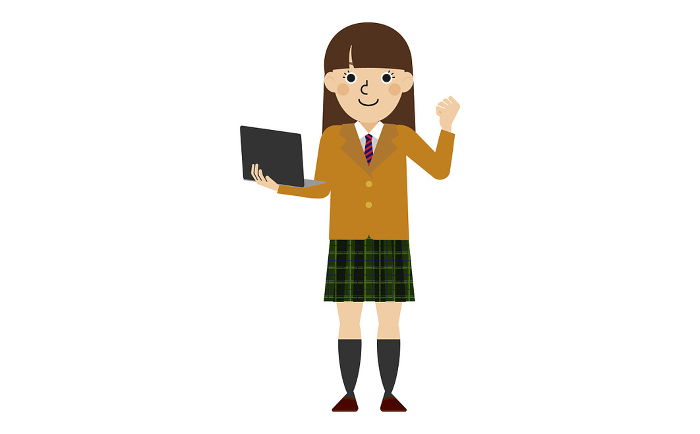 Full body of Japanese female junior and senior high school student in blazer school uniform standing with laptop computer