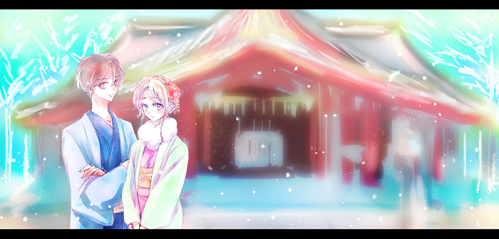 Man and Woman in Kimono Hatsumode Background Shrine Snow