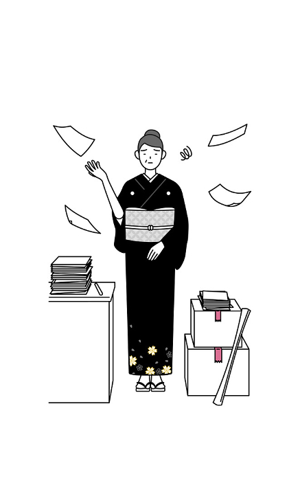 Senior women in kimonos fed up with uncluttered business, New Year's Day visits, weddings, etc.