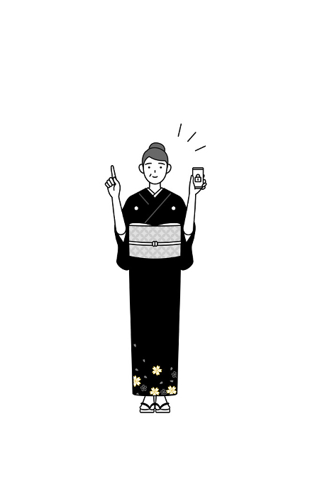 Senior woman in kimono taking security measures for her cell phone, at a New Year's Day visit, a wedding, etc.