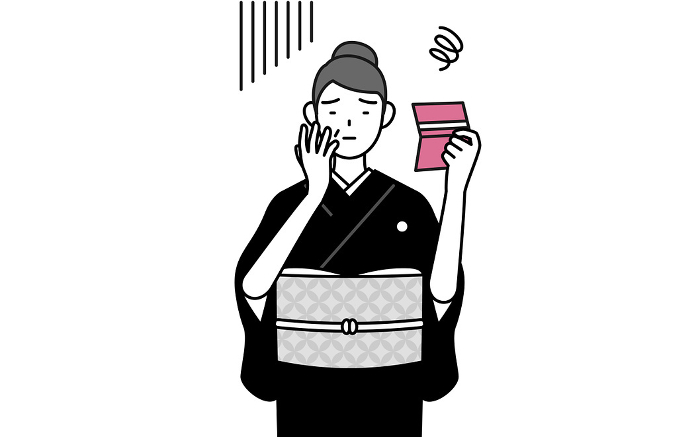 A senior woman in kimono looking depressed at her bankbook, a New Year's Day visit, a wedding, etc.