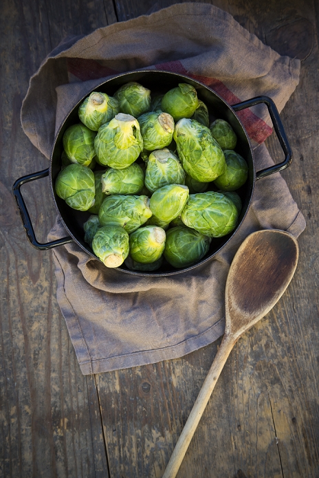 Brussels sprouts (Brassica oleracea var. gemmifera) in iron cooking pot