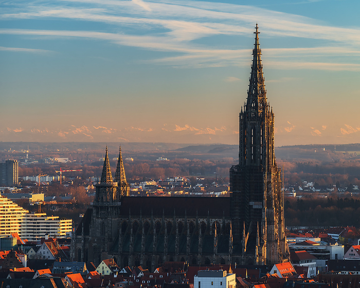 Ulmer Minster and city Ulm at sunrise with alps Ulmer Minster and city Ulm at sunrise with alps, by Zoonar daniel pahmei