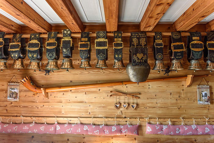 Cow bells displayed in restaurant of mountain farm. Cow bells displayed in restaurant of mountain farm., by Zoonar christian d 