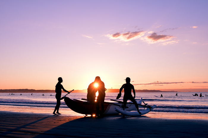 Outrigger canoe for early morning departure (silhouette)