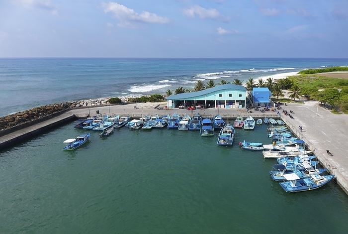 Fishing port of Huvammula Island Maldives Fishing harbor, fish market hall, Fuvahmulah Island, Gnaviyani or Nyaviyani Atoll, Maldives, Asia