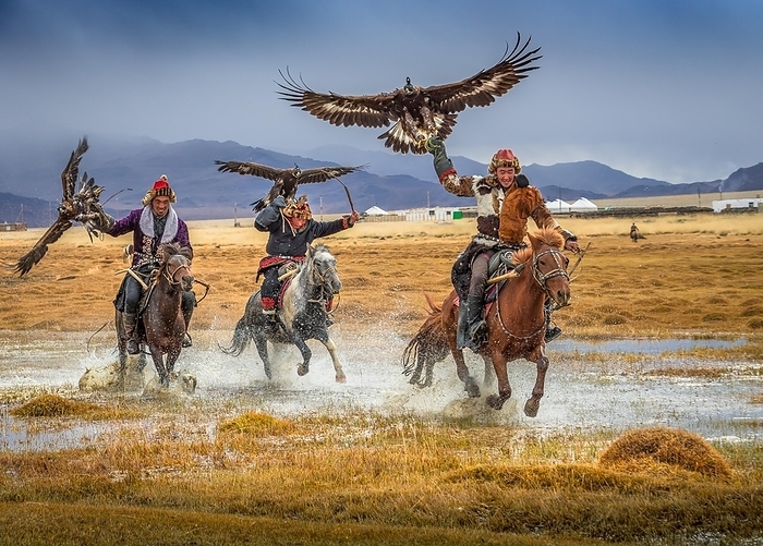 Mongolian eagle hunter, three Kazakhs on horseback with trained eagles, Bajan-Ölgii province, Mongolia, Asia, by Bayar Balgantseren