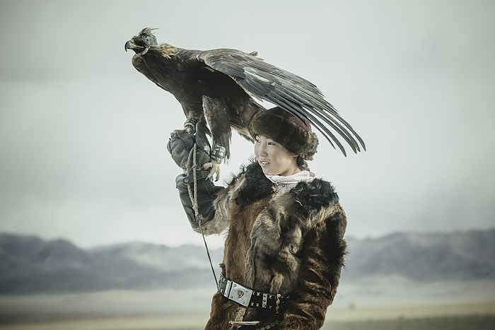 Portrait of a young eagle hunter, Festival of eagle hunters in the province of Olgii, about 20 km from the provincial capital, Olgii, Mongolia, Asia, by Florian Bachmeier