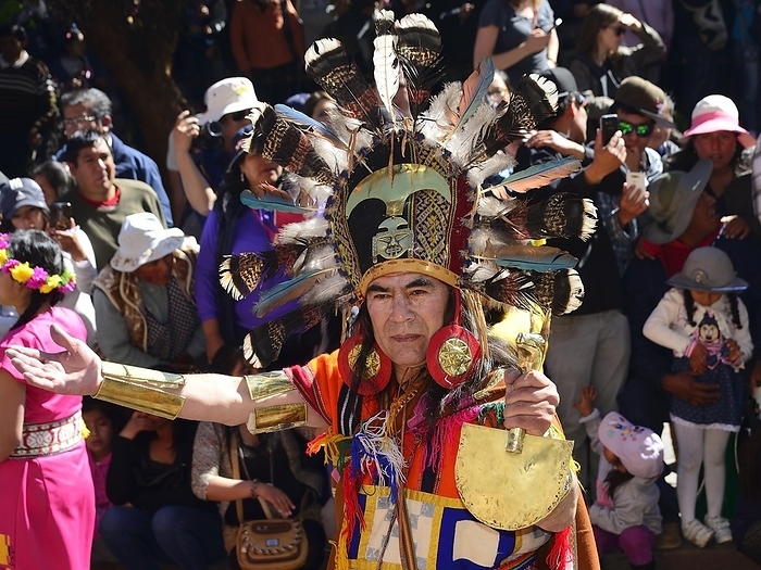 Inti Raymi, festival of the sun, Inca priest with feather crown during parade, Cusco, Peru, South America, by Peter Giovannini