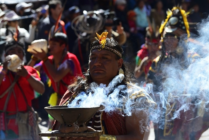 Inti Raymi, festival of the sun, Inca priest with smoking bowl at the procession, Cusco, Peru, South America, by Peter Giovannini