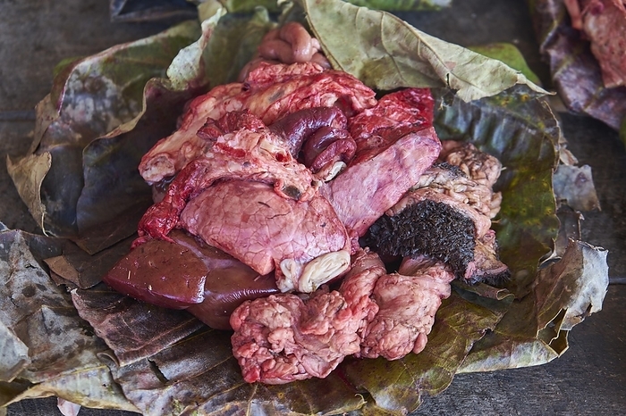 Offal of pork, Demoso market, near Loikaw, Kayah State, Myanmar, Asia, by Gabriele Thielmann