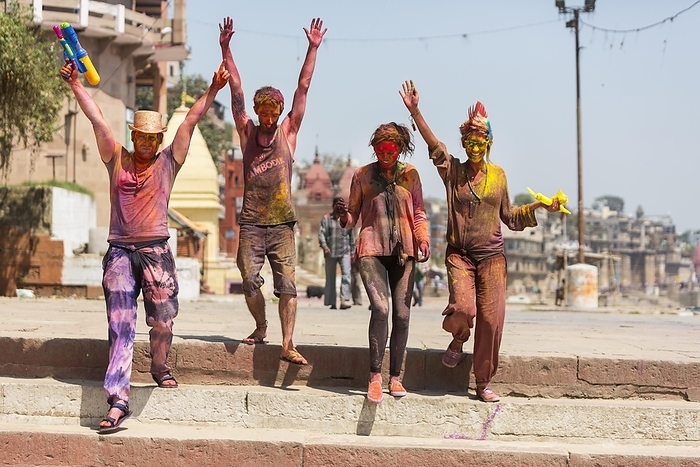 Holi Festival, Indian spring festival, traditional festival of colours, city view of Varanasi, Uttar Pradesh, India, Asia, by Arnulf Hettrich
