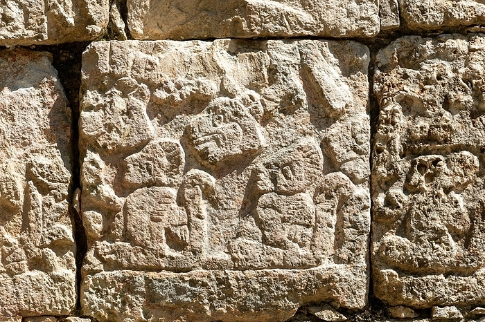 Carved stonework details, Temple of Panels, Templo de los Tableros Esculpidos, Chichen Itzá, Mayan ruins, Yucatan, Mexico, Central America, by Ian Murray