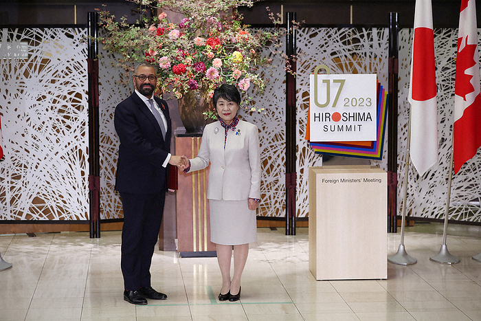 G7 Foreign Ministers  Meeting to be held in Tokyo Japanese Foreign Minister Yoko Uekawa welcomes British Foreign Minister Cleverly  left  at the Iikura diplomatic mission of the Ministry of Foreign Affairs in Minato ku, Tokyo, Japan, at 7:32 p.m. on November 7, 2023  representative photo .