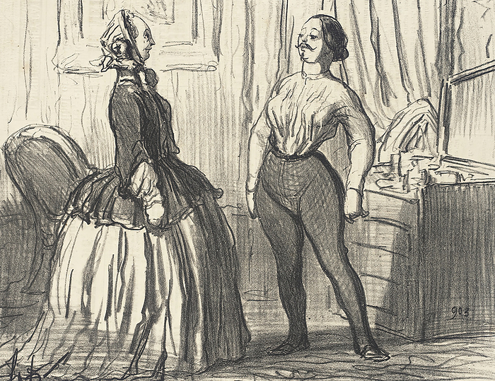 Voyons...Ai je l air assez homme comme   xe7 a , 1856. Creator: Honore Daumier. Voyons...Ai je l air assez homme comme   xe7 a , 1856. Woman cross dressing in order to be able to enter the stock exchange.  Let s see...Do I look manly enough like this   From Les Boursicoti  xe8 res.  Creator: Honore Daumier.