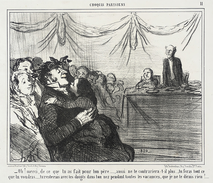 Oh  merci, de ce que tu as fait pour ton p  xe8 re..., 1856. Creator: Honore Daumier. Oh  merci, de ce que tu as fait pour ton p  xe8 re..., 1856.    Oh  merci, de ce que tu as fait pour ton p  xe8 re...aussi ne te contrarira t il plus...,tu feras tout ce que tu voudras...tu resterais avec tes doigts dans ton nez pendant toutes les vacances, que je ne te dirais rien ... . Man  who has just been awarded a prize, indicated by his laurel wreath  to his daughter:  Oh  thank you, for what you did for your father...he won t tell you off anymore..., you can do whatever you want...you can pick your nose during the holidays, and I won t say anything ... . From Croquis Parisiens.  Creator: Honore Daumier.