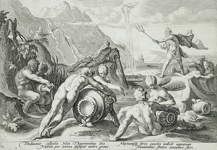 Neptune Plotting the Destruction of Man, published 1589. Creator: Hendrik Goltzius. Neptune Plotting the Destruction of Man, published 1589. Book: Metamorphoses by Ovid, book 1, plate 10.  Creator: Hendrik Goltzius.