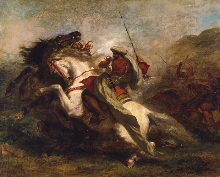 Collision of the Moorish Horsemen, 1843 1844. Creator: Eugene Delacroix. Collision of the Moorish Horsemen, 1843 1844. Delacroix uses fluid brush work to capture the colour and movement of an Arab Fantasia, or ceremonial cavalry charge, mimicking battle, which he witnessed at the court of Sultan Abd er Rahmen of Morocco  1778 1859  while accompanying Count Charles de Mornay on a diplomatic expedition on behalf of King Louis Philippe of France in 1832. He focuses on two riders who have broken from the ranks, their horses startled by the simultaneous firing of guns that ends the maneuver. Creator: Eugene Delacroix.